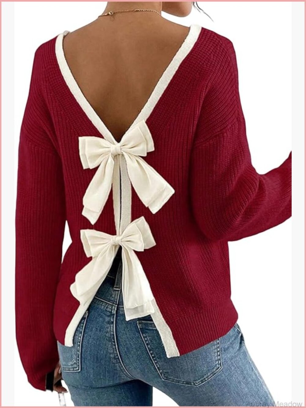 Bow Back Knit Pullover Sweater Long Sleeve Crewneck Trendy Casual